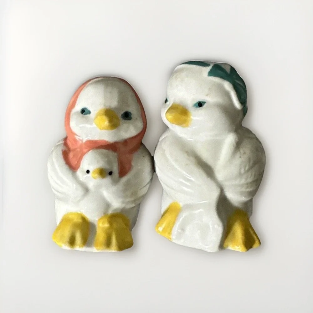 White Chickadees with Bonnet, Bow and Baby Salt and Pepper Shakers